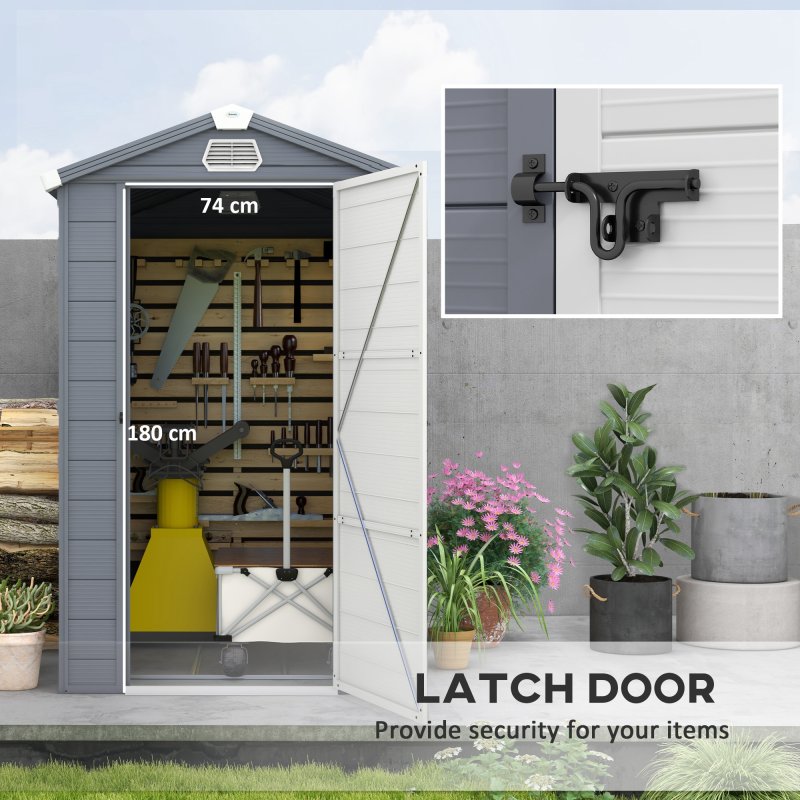 Outsunny 4 x 6ft Plastic Garden Storage Shed with Ventilation Slots and Lockable Door, Polypropylene Outdoor Storage Tool House with Foundation Kit, Grey