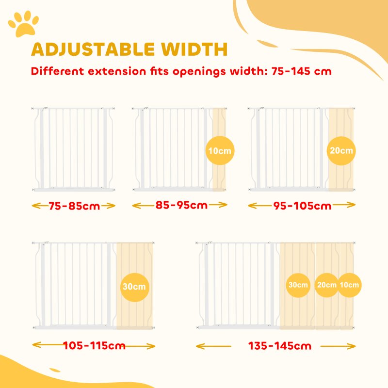 PawHut Dog Gate Wide Stair Gate w/ Door Pressure Fit Pets Barrier for Doorway, Hallway, 76H x 75-145W cm - White