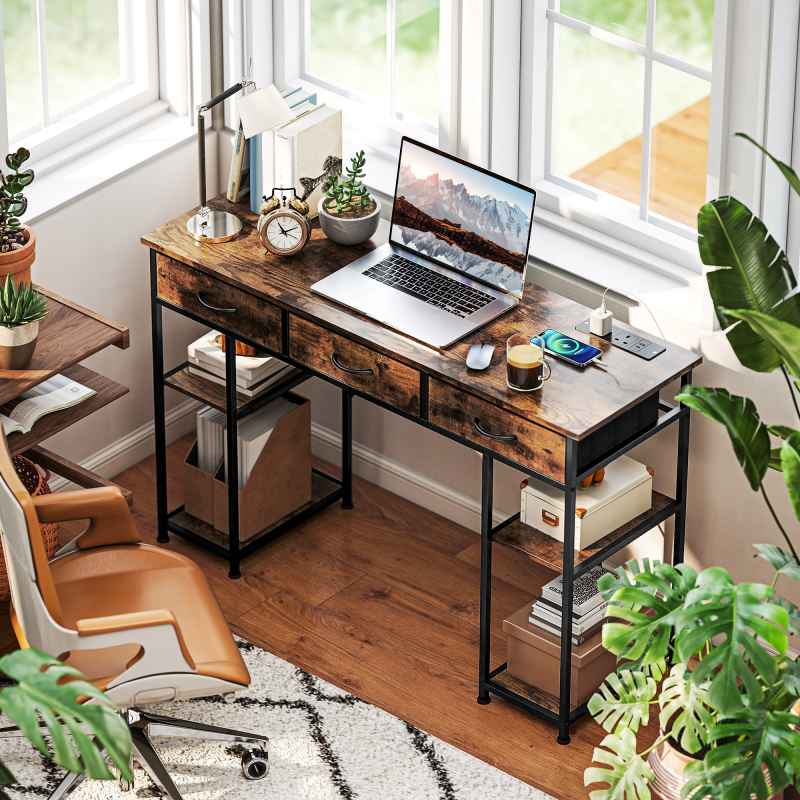 HOMCOM Computer Desk with Power Outlets, 120cm Home Office Desk with 3 Fabric Drawers and 4 Storage Shelves, Study Table Workstation for Bedroom