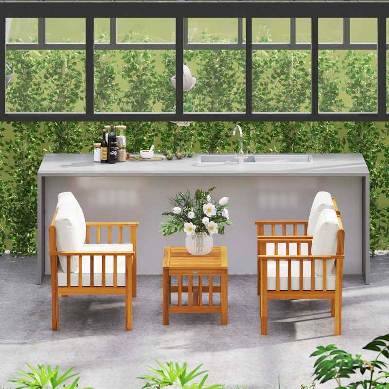 Outsunny 4 Piece Garden Furniture Set, 4 Seater Acacia Wood Patio Conversation Set with 2 Chairs, Loveseat, Thick Cushions and Coffee Table, Slat Design, Teak