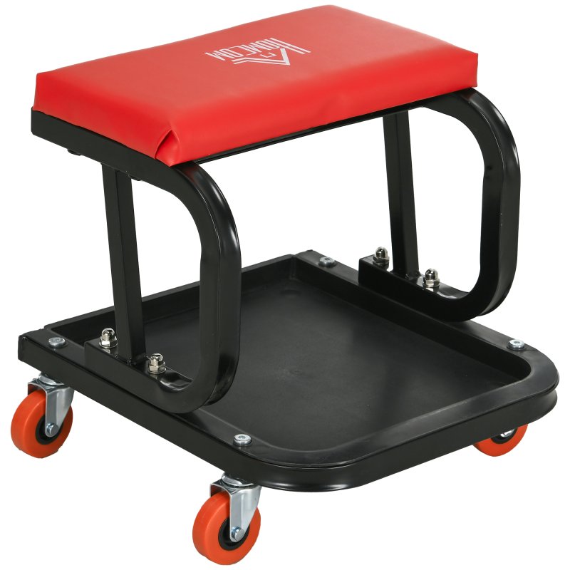 HOMCOM Workshop Stool, Rolling Machine Stool with 360?? Swivel, Padded Seat, Tool Tray, for Garage, Workshop, Auto Repair, Red