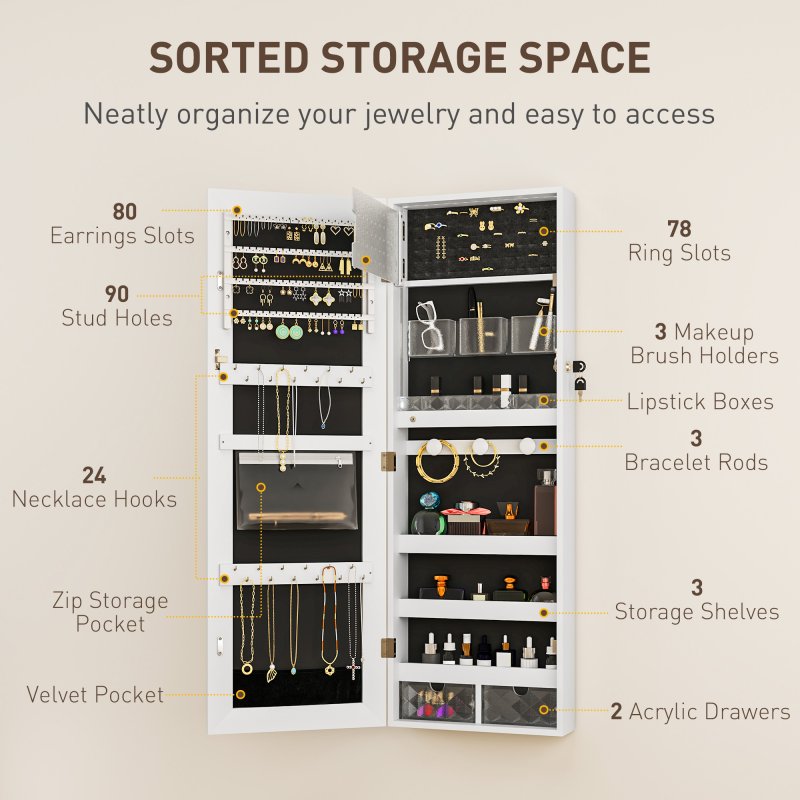 HOMCOM Jewellery Cabinet with LED Lights, Door Hanging or Wall Mounted Full Length Mirror with Storage, Lockable Jewellery Organiser, White Surface and Black Lining