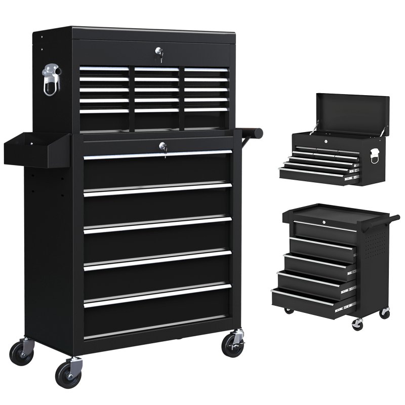 HOMCOM 2 in 1 Rolling Tool Cabinet on Wheels with 14 Drawers, Pegboard and Side Rack, Lockable Top Tool Chest and Roller Cabinet Combo for Workshop and Home, Black