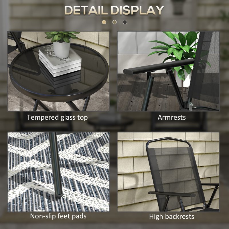 Outsunny Garden Bistro Set, 3 Pieces Table and Chairs Set, Outdoor Garden Furniture with Foldable Breathable Mesh Fabric Armchairs & Glass Top Coffee Table, Black