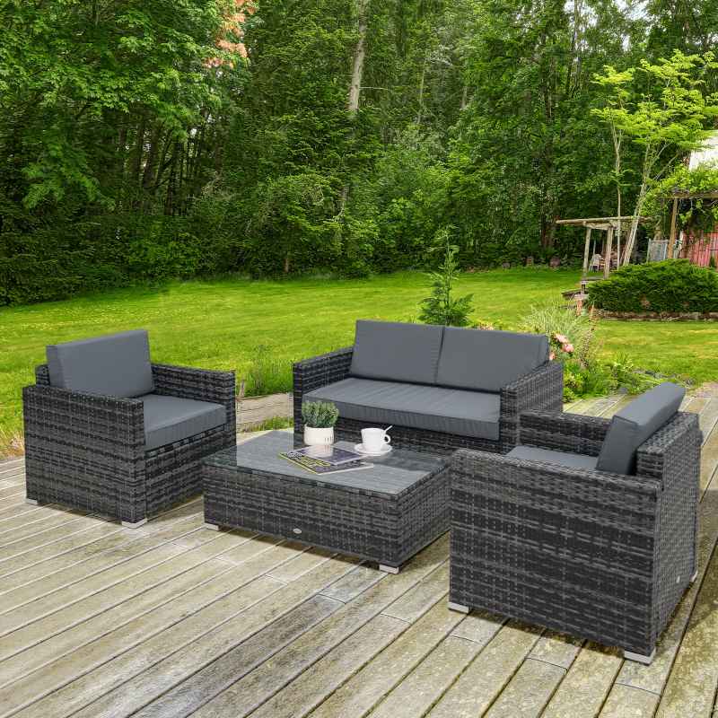 Outsunny 4 Pieces Outdoor PE Rattan Sofa Set with Cushions, Patio Wicker Conversation Furniture Set with Glass Top Coffee Table, Mixed Grey