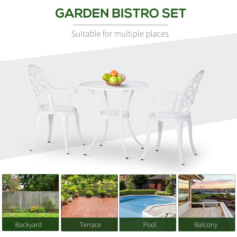 Outsunny 3 Piece Patio Bistro Set for 2, Outdoor Aluminium Garden Table and Chairs with Adjustable Footpads for Balcony, Garden and Patio, White