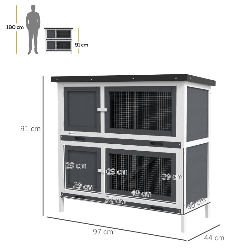PawHut Rabbit Hutch  Guinea Pig Hutch Double Decker Pet Cage with Openable Roof, Divider, Ramp for Outdoor 100 x 47 x 91cm, Grey