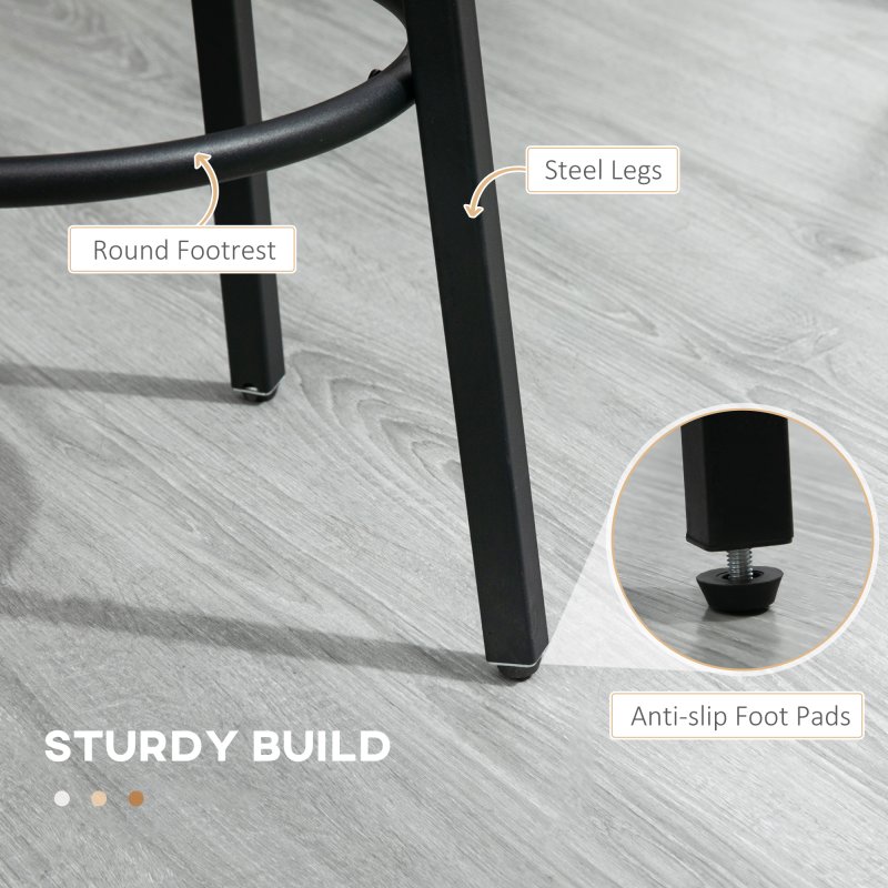 HOMCOM Bar Stools, Set of 2 Kitchen Breakfast Stools with Sturdy Steel Frame, Industrial Tall Bar Chairs, 65cm High Seat, Rustic Brown