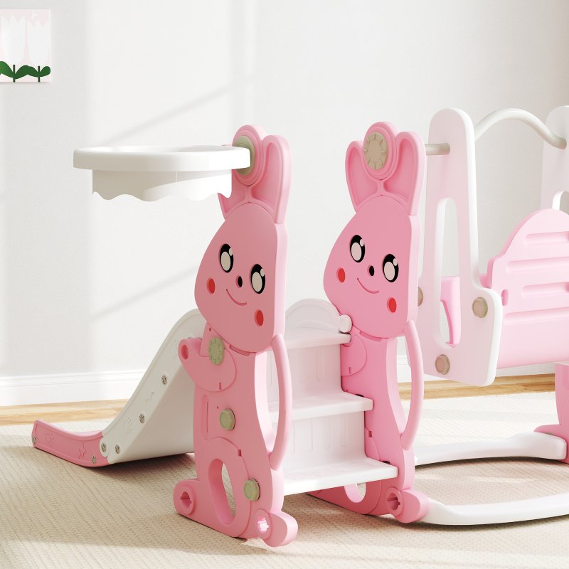 AIYAPLAY Toddler Slide and Swing Set 4 in 1 with Climber, Basketball Hoop, Kids Slide for Age 1.5-4, Children Activity Centre Playground for Indoor Outdoor Garden, Rabbit Themed, Pink
