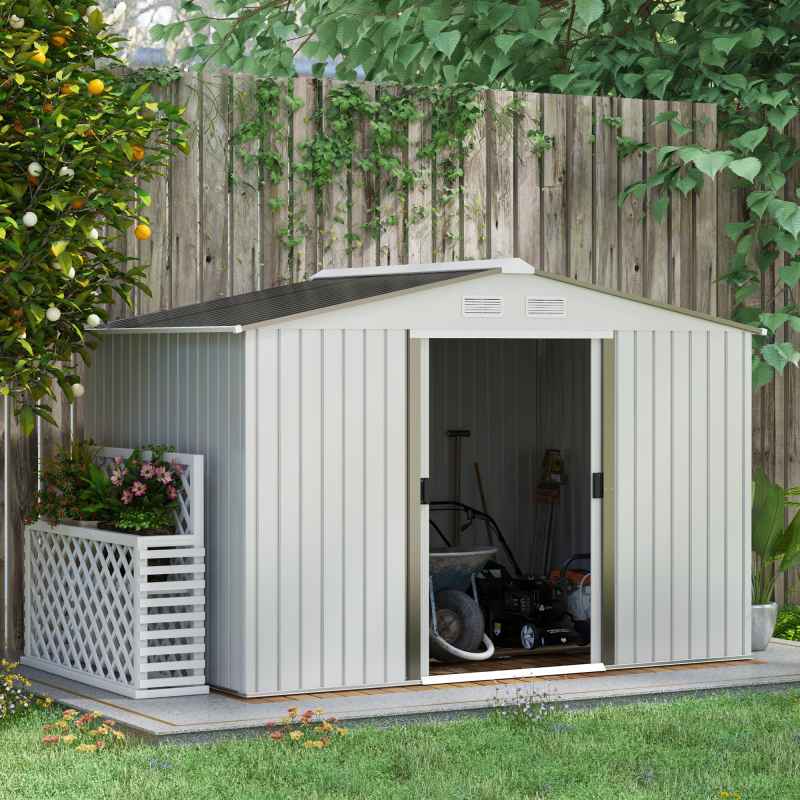 Outsunny 9 x 6ft Metal Garden Shed, Outdoor Storage Tool House with Ventilation Slots, Foundation Kit and Lockable Double Doors, Silver