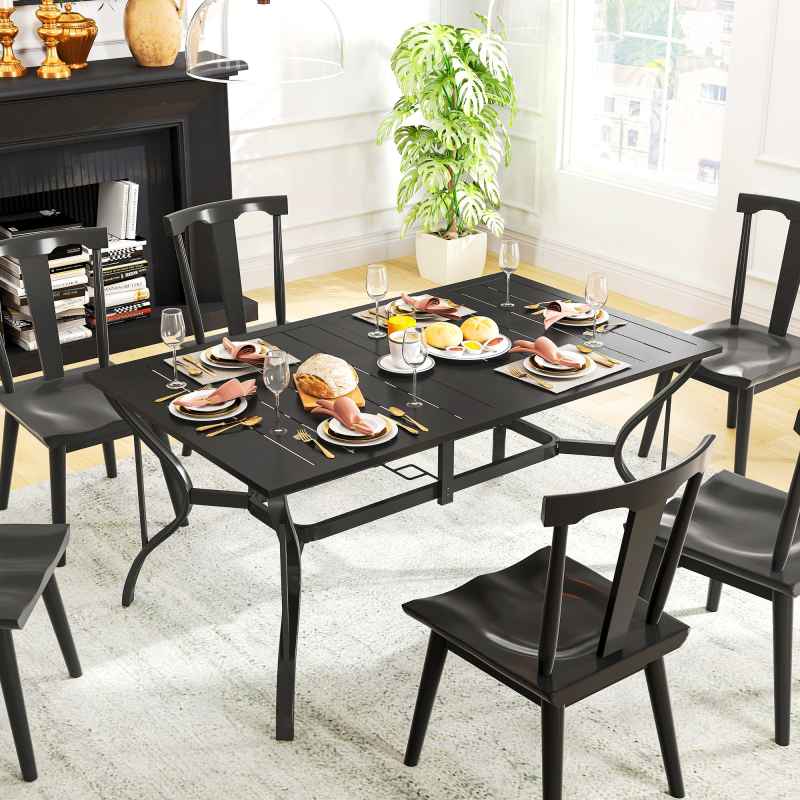 Outsunny Rectangle Garden Table with Parasol Hole, Outdoor Dining Table for 6, Patio Table with Steel Frame and Slat Tabletop for Balcony, 150cm x 90cm, Black