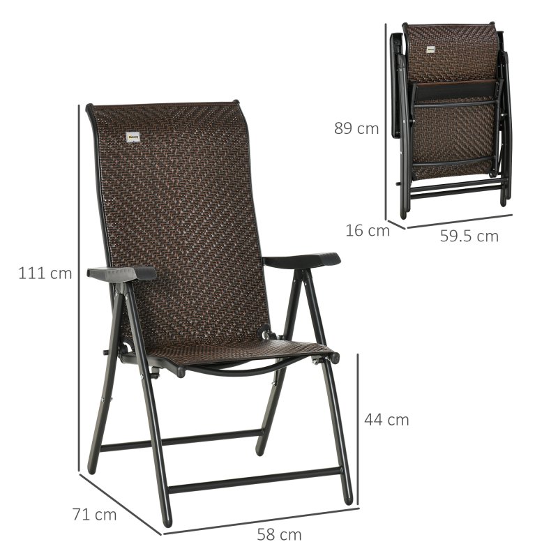 Outsunny Set of 2 Outdoor Wicker Folding Chairs, Patio PE Rattan Dining Armrests Chair set with 7 Levels Adjustable Backrest, for Outdoors, Camping, Brown