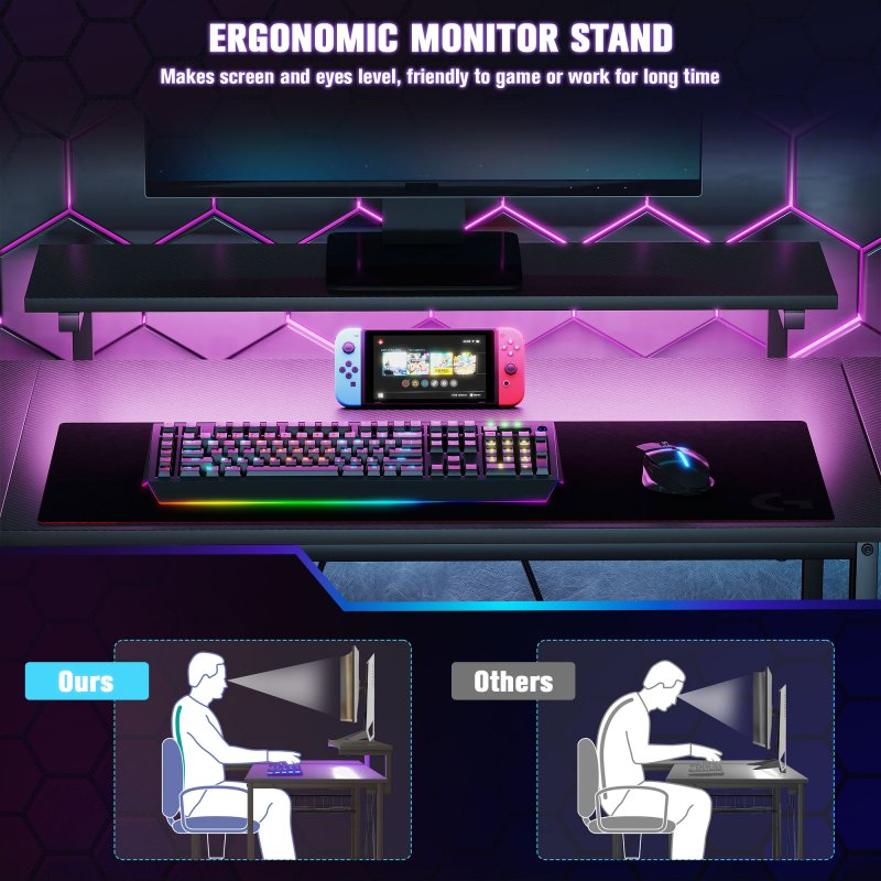 HOMCOM L Shaped Gaming Desk with LED Lights, Power Outlet, USB Charging Ports, 107cm Reversible Corner Computer Desk with Storage Shelves, Monitor Stand for Home Office, Small Space, Black