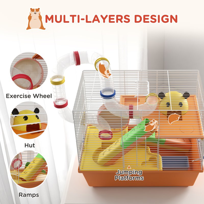 PawHut 3 Tiers Hamster Cage, Small Animal House with Tubes, Exercise Wheel, Ladder, Water Bottle, Dish, Hut, Top Handle, 45 x 28 x 37cm - Orange