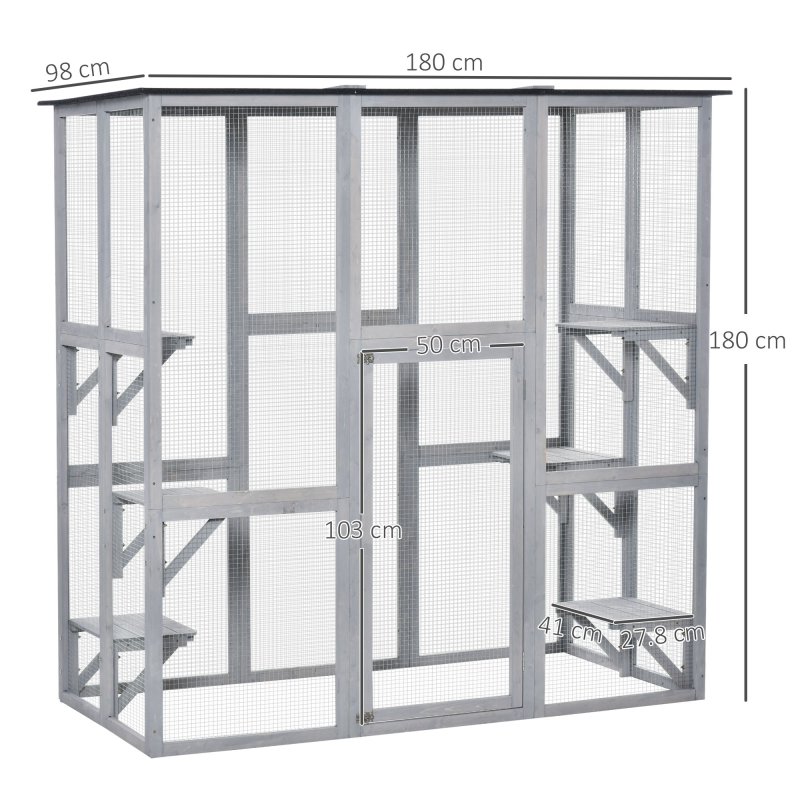 PawHut Large Outdoor Cat House, Walk-in Cat Enclosure, Wooden Catio with 6 Jumping Platforms, Waterproof Asphalt Roof