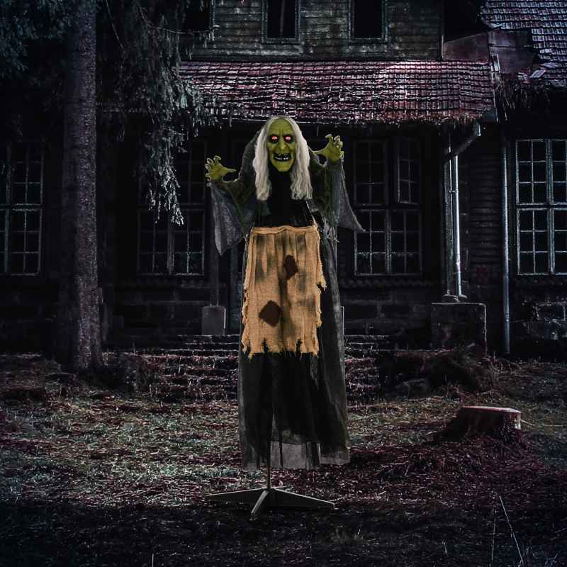 HOMCOM 160cm Witch Outdoor Halloween Decoration, Halloween Animatronic with Sound Activated, Light Up Eyes, Sound Effects, Animated Prop for Haunted House