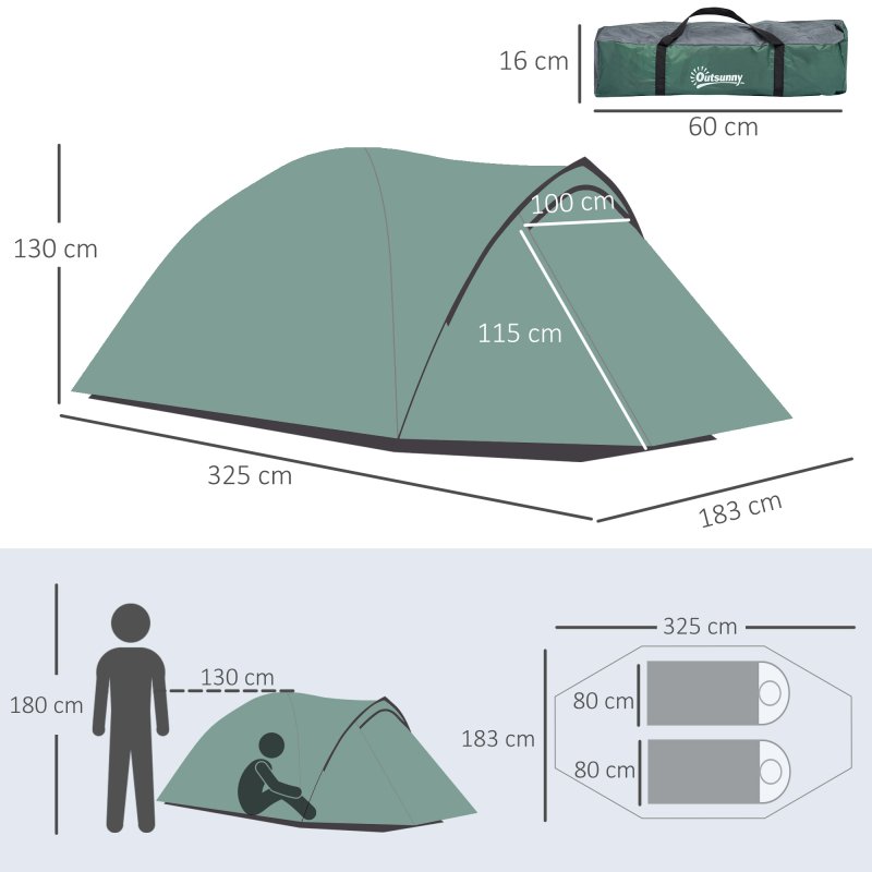 Outsunny Two-Man Camping Tent Dome Tent with Weatherproof Shell, Vestibule & Windows, for Fishing & Hiking, Green and Grey