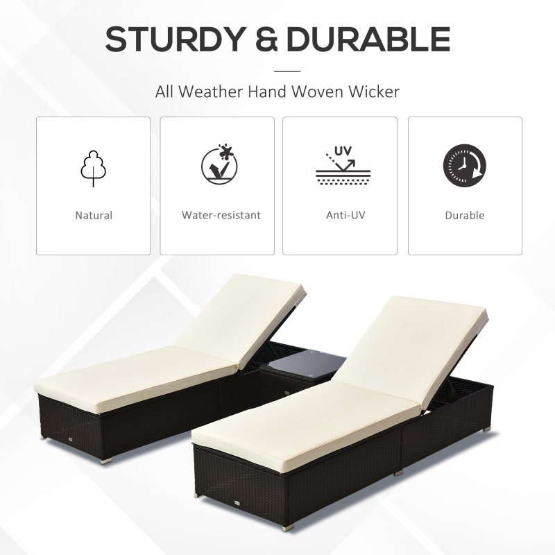 Outsunny 3 Pieces Rattan Sun Loungers with Side Table, 5-Level Adjustable Garden Recliner Sun Loungers Set of 2 with Cushions, Wicker Outdoor Patio Furniture with Glass Top Coffee Table, Dark Brown