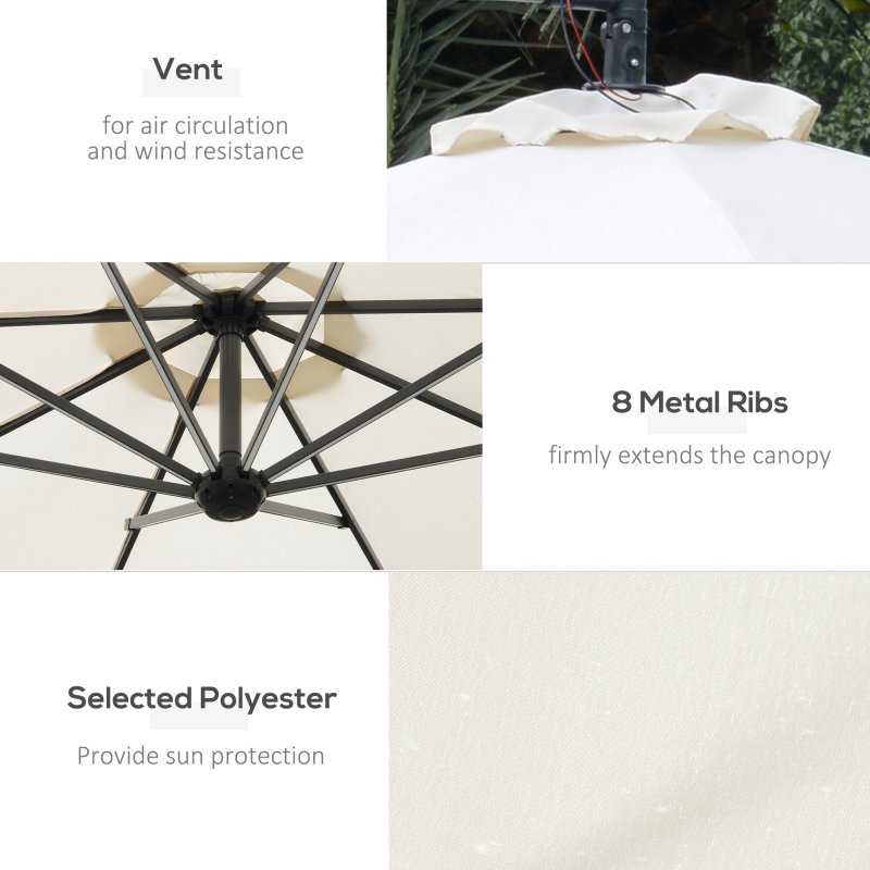Outsunny 3(m) Banana Cantilever Parasol with Solar LED Lights, Garden Umbrella with Cross Base and Crank Handle, Hanging Offset Sun Shade for Outdoor, Patio, Cream White