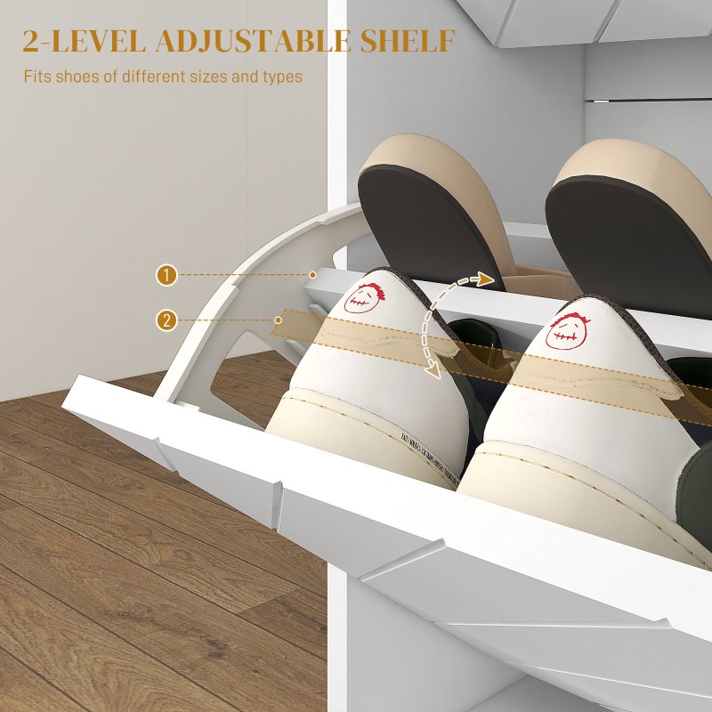 HOMCOM Narrow Shoe Cabinet with 2 Flip Drawers, Slim Shoe Storage Cabinet with Adjustable Shelves, Open Shelf, Hairpin Legs and 2 Vents for 12 Pairs of Shoes for Entryway, White