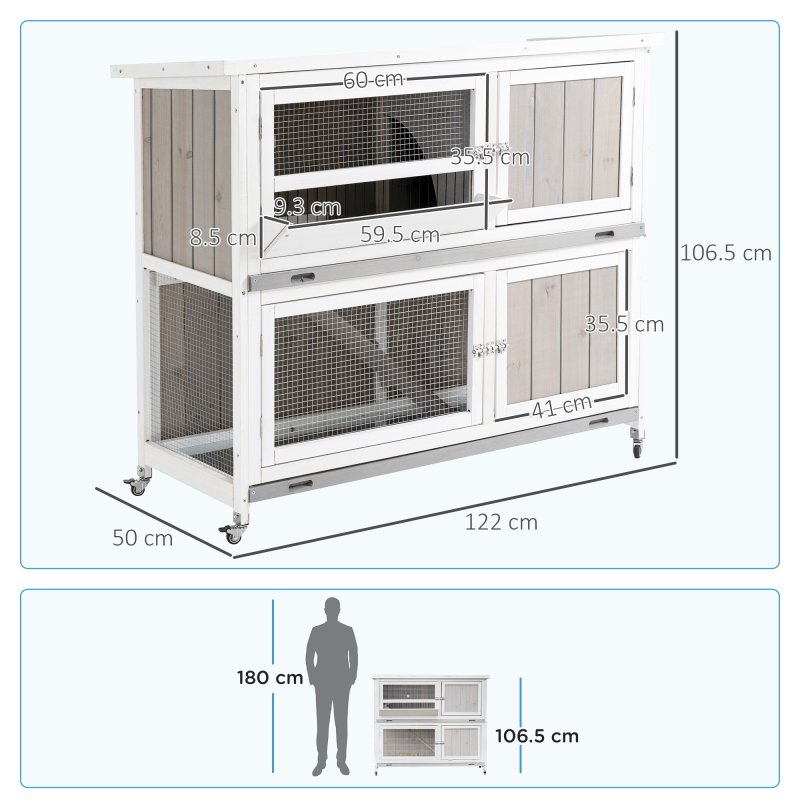 PawHut 4 FT Rabbit Hutch 2-Tier Wooden Bunny Cages Guinea Pig Hide House with Tray, Ramp and Wheel, Cover - Grey