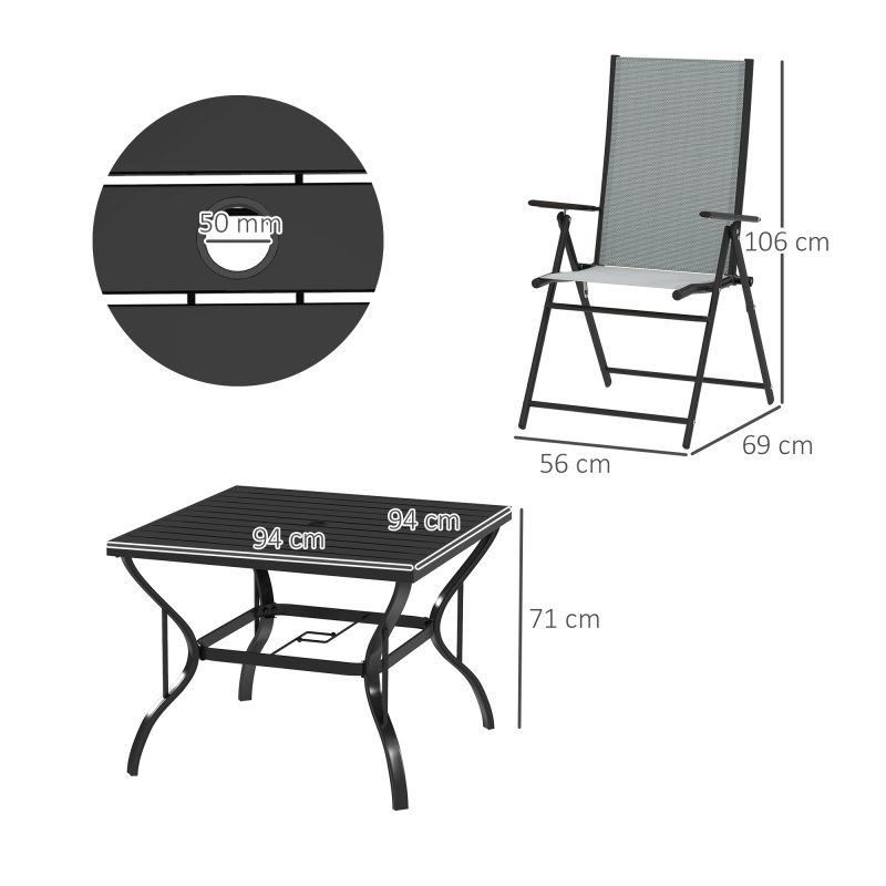 Outsunny 5 Pieces Garden Dining Set, 4 Seater Garden Furniture Set with Parasol Hole, Outdoor Dining Set with High Back Folding Chairs and Square Metal Top Table for Outdoor Patio, Grey