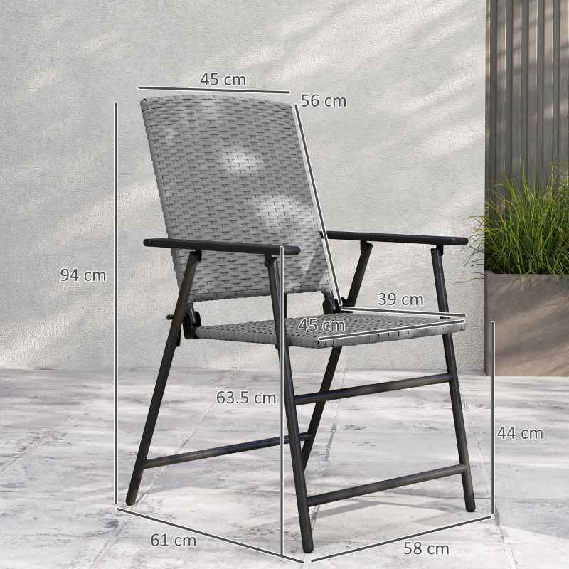 Outsunny Folding Garden Chairs Set of 4, PE Rattan Garden Dining Chairs with Armrests, High Back and Steel Frame, Weather Resistant Outdoor Dining Furniture for Patio, Balcony, Grey