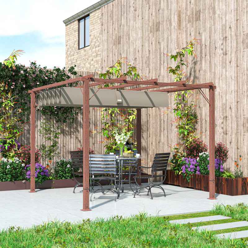 Outsunny 3 x 3(m) Garden Pergola with Retractable Roof Canopy and Wood Grain Aluminium Frame, Outdoor Gazebo Pergola Kit, UPF30+ Sun Shade Shelter for Deck, Porch, Natural Wood Finish