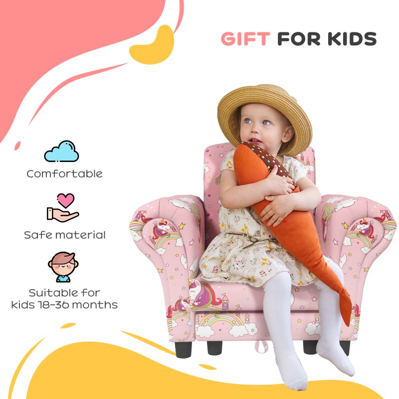 AIYAPLAY Kids Armchair with Stool, 2 Piece Kids Sofa Set with Unicorn Design, Wooden Frame, Upholstered Kids Chair for Bedroom, Playroom, Kid Room, for 1.5-3 Years Old, Pink