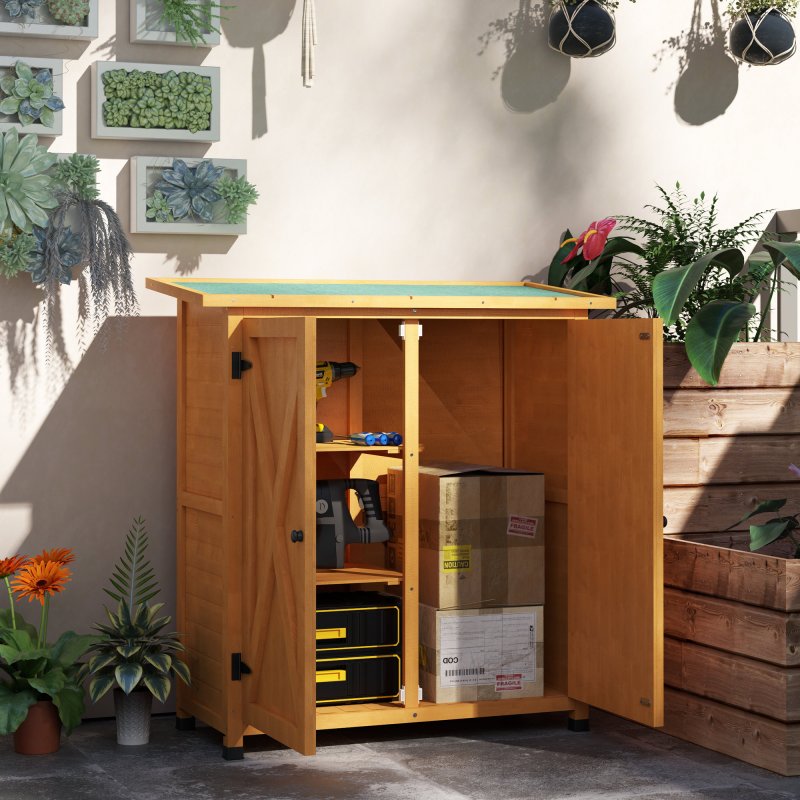 Outsunny Wooden Garden Storage Shed, Tool Cabinet Organiser with Shelves and Double Door, 110 x 55 x117cm, Yellow