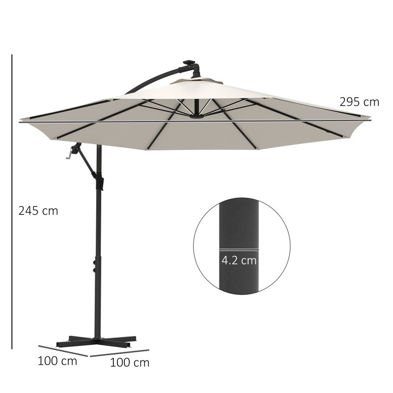 Outsunny 3(m) Banana Cantilever Parasol with Solar LED Lights, Garden Umbrella with Cross Base and Crank Handle, Hanging Offset Sun Shade for Outdoor, Patio, Beige