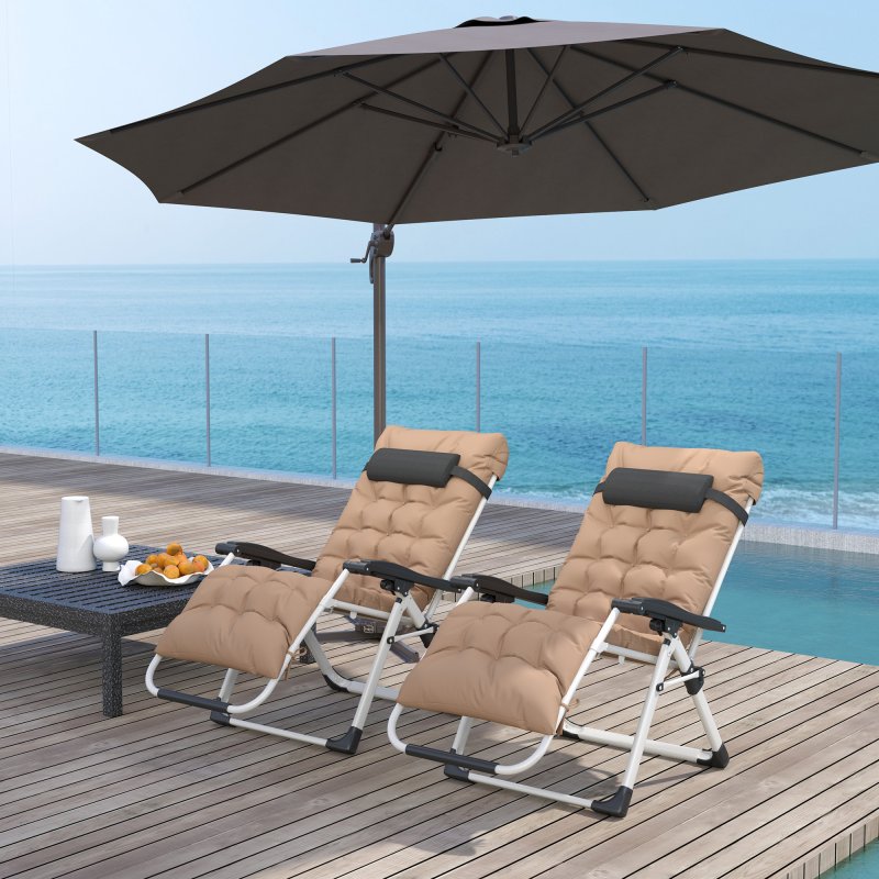 Outsunny 2 Piece Reclining Zero Gravity Chair Metal Frame Folding Garden Sun Lounger with Cushion Headrest, Khaki