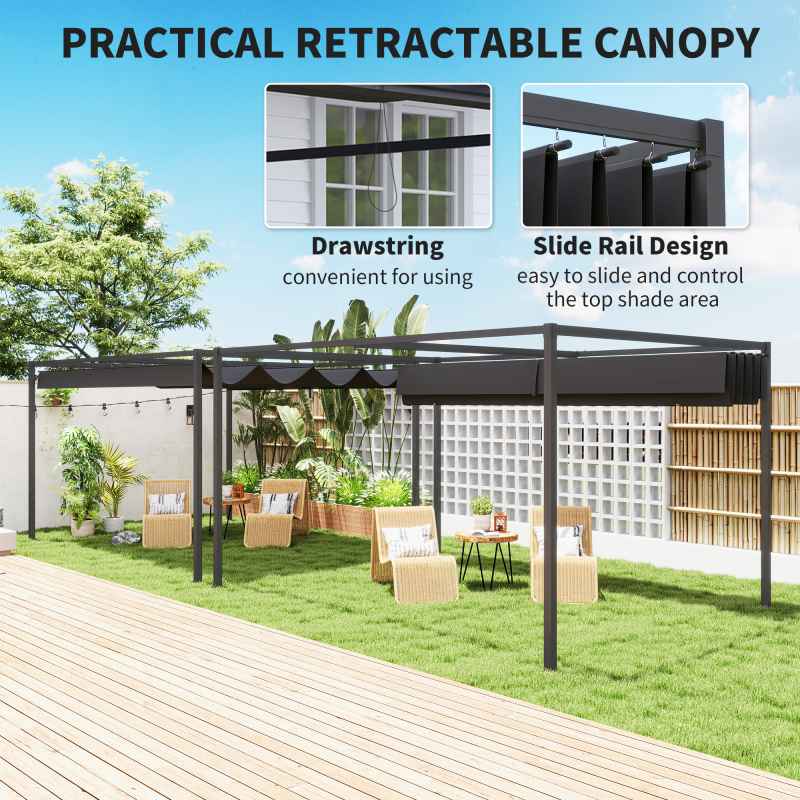 Outsunny 4 x 3(m) Metal Outdoor Pergola with Retractable Roof, Outdoor Gazebo Canopy Shelter with Drainage Holes for Garden, Patio, Lawn, Black