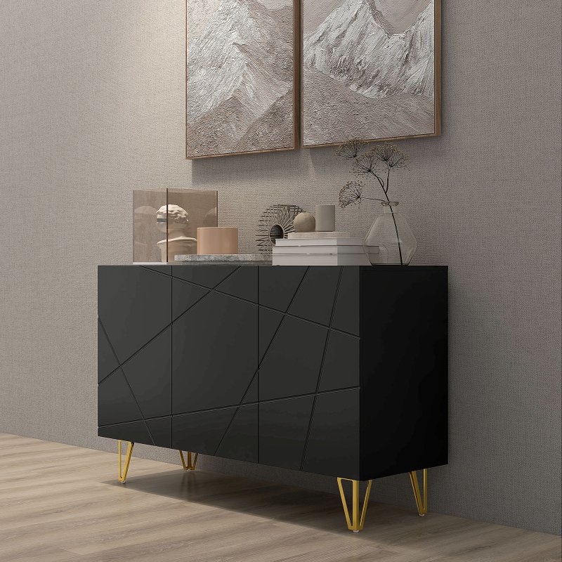 HOMCOM Storage Cabinet with High Gloss, Freestanding Sideboard with Adjustable Shelves, Soft-Close Doors and Gold Tone Hairpin Legs for Living Room, Dining Room, Hallway, Black