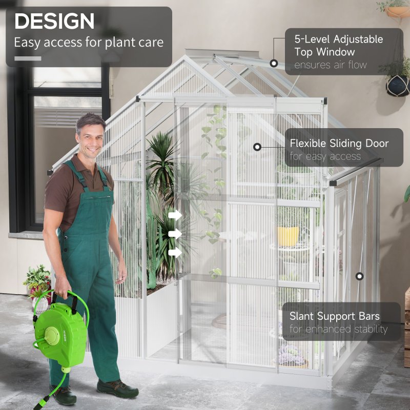 Outsunny 6 x 6ft Polycarbonate Greenhouse, Walk-In Greenhouse with Sliding Door, Adjustable Window, Aluminium Frame and Foundation, Garden Grow House with Rain Gutter, Silver