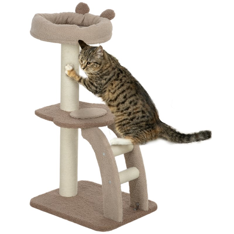 PawHut Cat Tree for Indoor Cats, 88cm Cat Tower with Sisal Scratching Post, Hanging Ball, Large Cat Perch, Stairs, Cat Activity Centre for Kitten, Brown