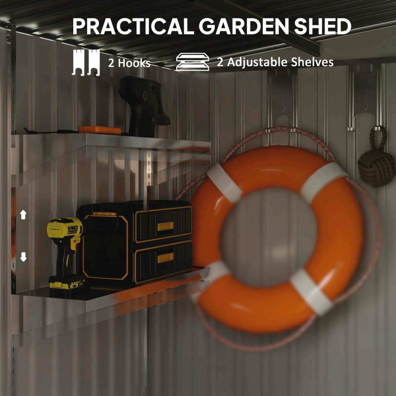 Outsunny 7 x 5FT Galvanised Metal Garden Shed with Foundation, Lean to Shed, Tool Storage House with Sliding Doors, 2 Vents, Adjustable Shelves and Hooks, Green
