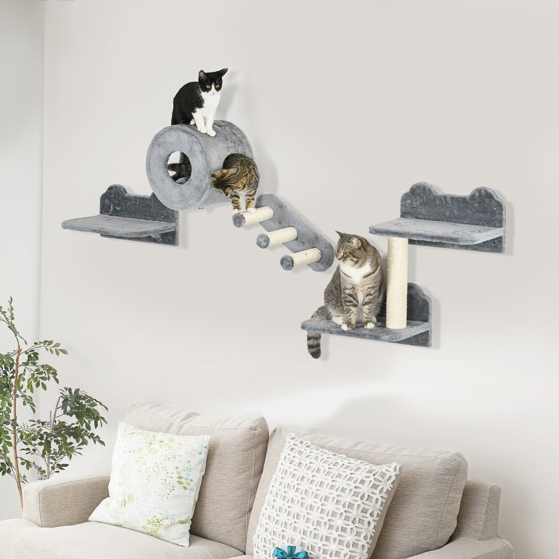 PawHut 4PCs Wall Mounted Cat Tree, Cat Wall Furniture with Platforms, Steps, Scratching Post, Perch, Cat House for Indoor Cats - Grey