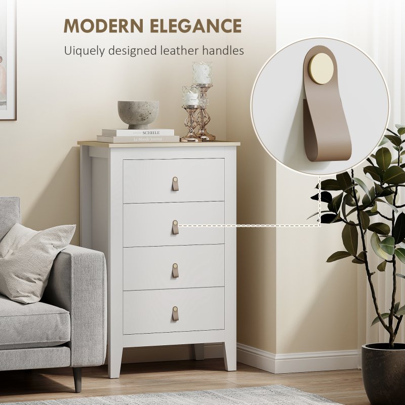 HOMCOM Bedroom Chest of Drawers, Modern 4 Drawer Dresser Cabinet with PU Leather Handles and Metal Runners for Living Room, Hallway, Entryway, White