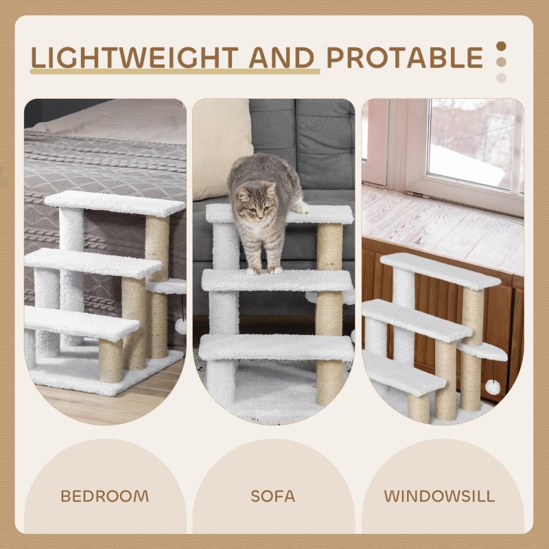 PawHut Pet Stair, Cat Tree with 3-step Climb Ladder, Scratching Posts, Platforms, Toy Ball, for Indoor Elderly Cats Kittens, White