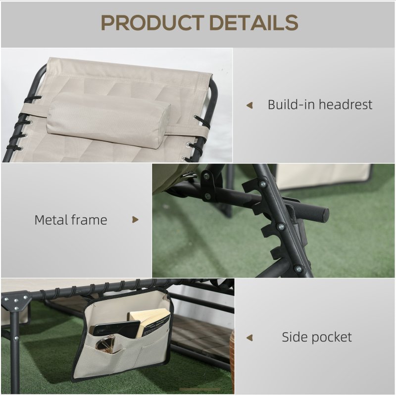 Outsunny 2 Piece Foldable Sun Lounger Set with 5-level Reclining Back, Outdoor Tanning Chairs Sun Loungers with Build-in Padded Seat, Side Pocket, Headrest for Beach, Patio, Khaki