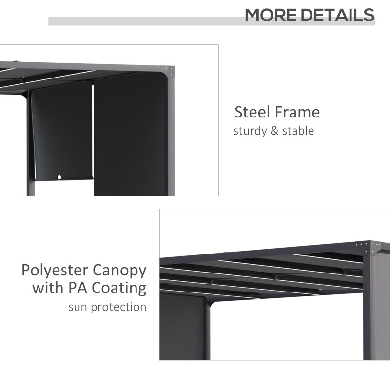 Outsunny 3(m) x 4m Pergola with Solar LED Lights, Garden Gazebo with Retractable Roof, Steel Frame, Outdoor Sun Shade Shelter for Patio Balcony Porch, Dark Grey