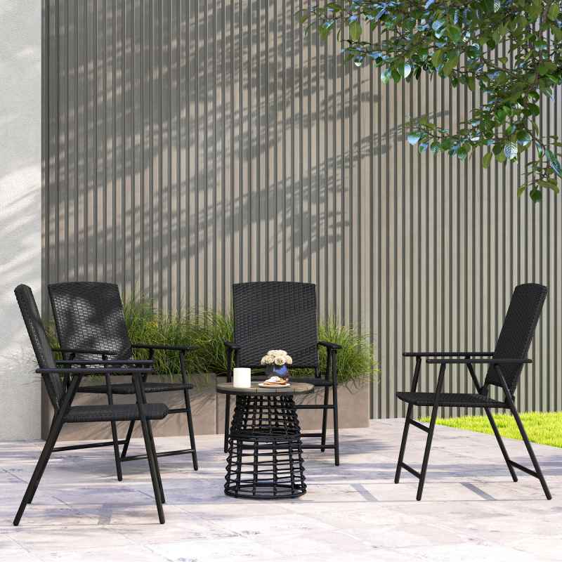Outsunny Folding Garden Chairs Set of 4, PE Rattan Garden Dining Chairs with Armrests, High Back and Steel Frame, Weather Resistant Outdoor Dining Furniture for Patio, Balcony, Black