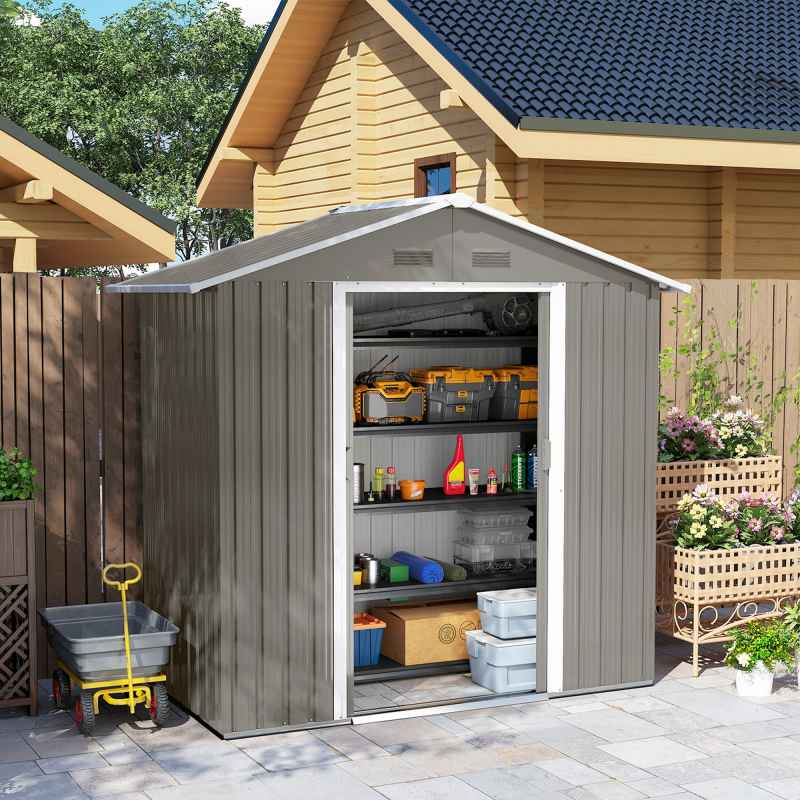 Outsunny 6.5ft x 3.5ft Garden Storage Shed, Large Metal Shed for Outdoor Storage with Double Sliding Doors and 4 Vents, Grey