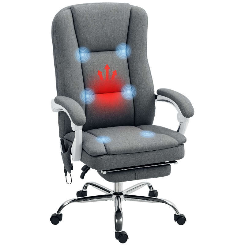 HOMCOM Office Chair with 6-point Massage and Heat, Fabric Computer Desk Chair with Reclining Backrest, High Back, Height Adjustable, Swivel Wheels, Footrest, Remote, for Home, Grey