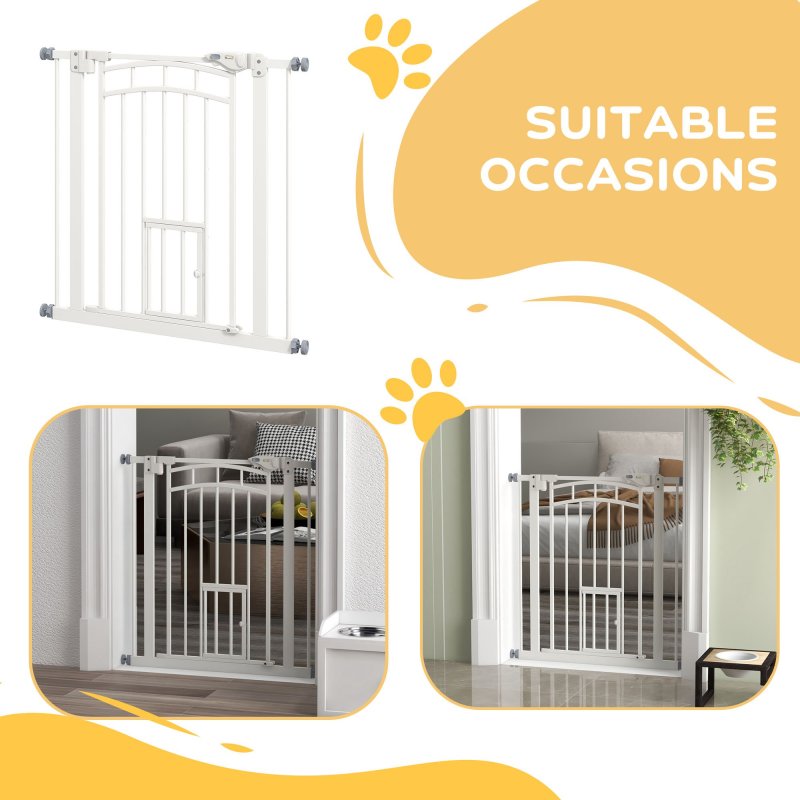 PawHut Dog Stair Gate Pet Barrier with Small Cat Door, Pressure Fit Safety Gate  with Auto Closing System, Double Locking, for Hallways - White