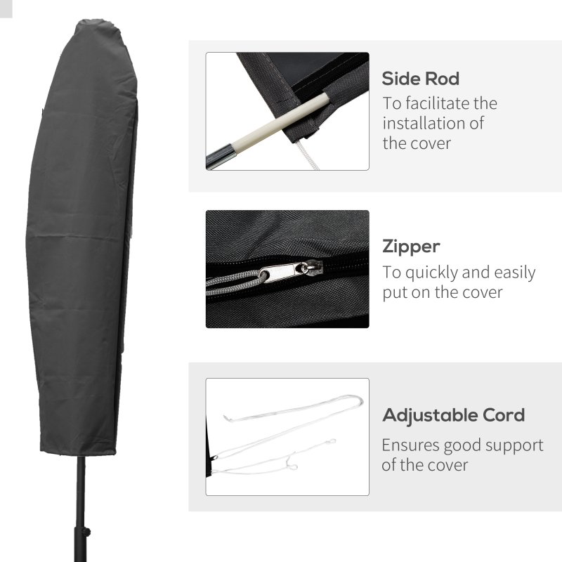 Outsunny Parasol Cover, Patio Cantilever Cover, Banana Umbrella Protector with Rod, Zipper for 2-4 m Parasol for Outdoor Garden, Patio, Dark Grey