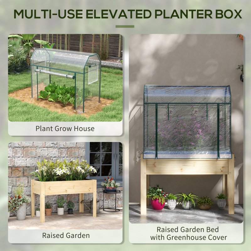 Outsunny Wooden Raised Planter with Plastic Greenhouse Cover and Bed Liner, Elevated Garden Bed for Vegetables, Flowers, Herbs, 115 x 60 x 165cm, Clear