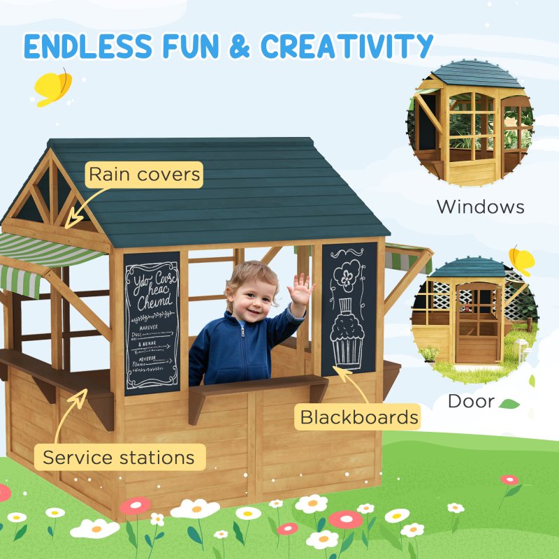 AIYAPLAY Wooden Playhouse for Kids Outdoor, Foldable Wendy House with Windows, Working Door, Service Stations, Rain Covers, Blackboards, Kids Garden Toys for 3-8 Years