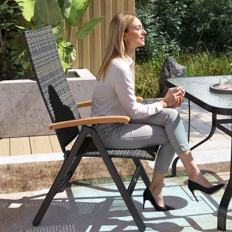 Outsunny 2 Pieces Outdoor Folding Dining Chair, PE Rattan Chair with Armrests, High Backrest, for Garden, Camping, Balcony, Porch, Mixed-grey